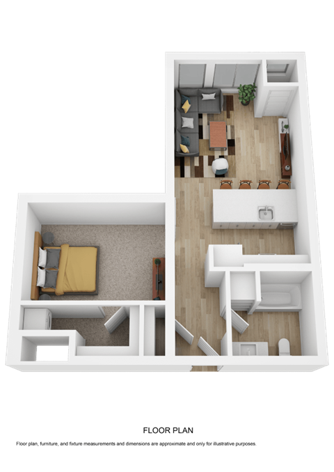 A top down view of a small apartment with a living room, kitchen, and bedroom.